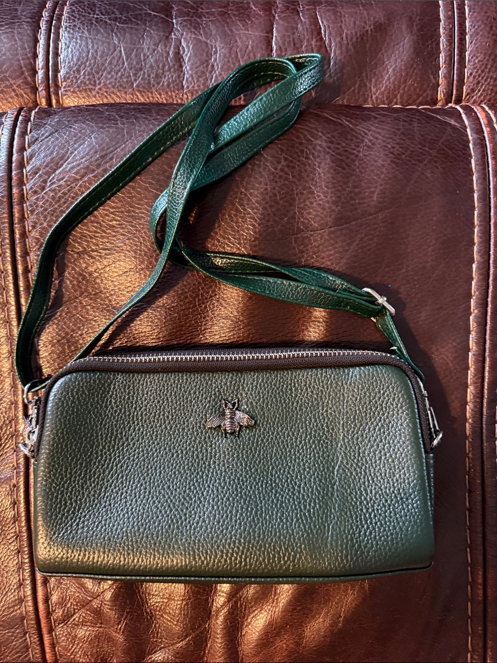 Green Leather Crossbody Bag with Bee Accent & Phone Pocket